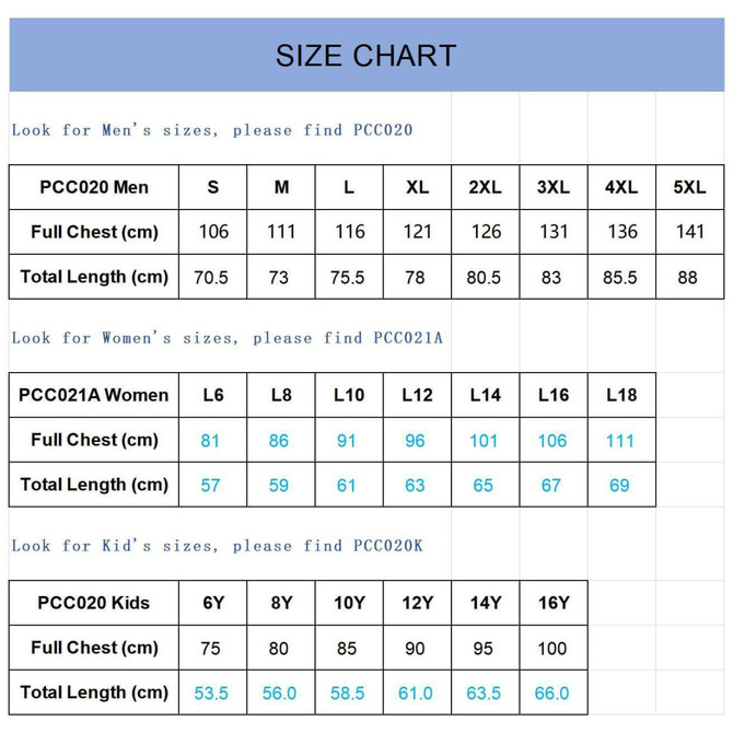 A size chart displaying measurements for men's, women's, and kids' T-shirt sizes, including full chest and total length.