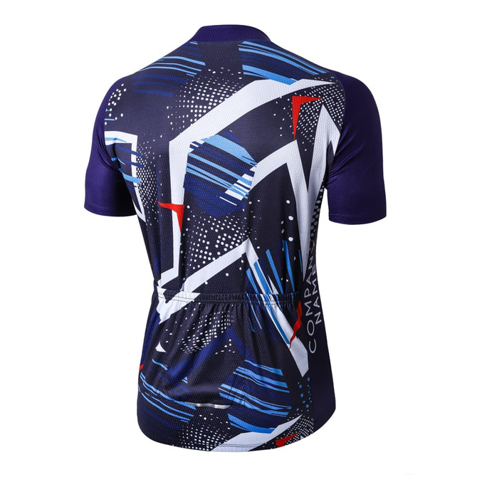 A navy and white unisex cycling jersey with short raglan sleeves and a geometric pattern. Features a logo on the back.