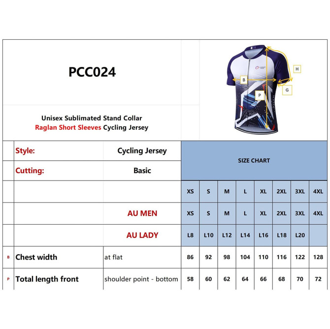 A unisex cycling jersey in blue and white featuring a stand collar and raglan short sleeves, with a logo displayed.