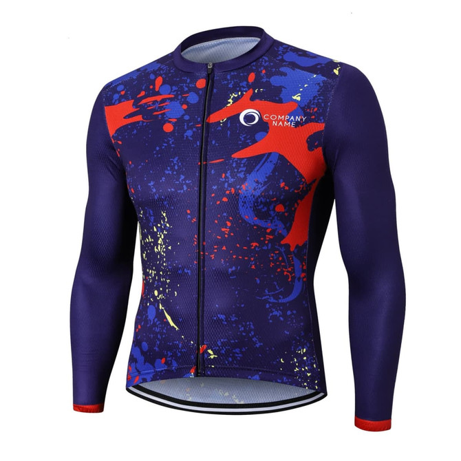 A men's long sleeve cycling jersey featuring a vibrant blue and red splatter design with a logo.