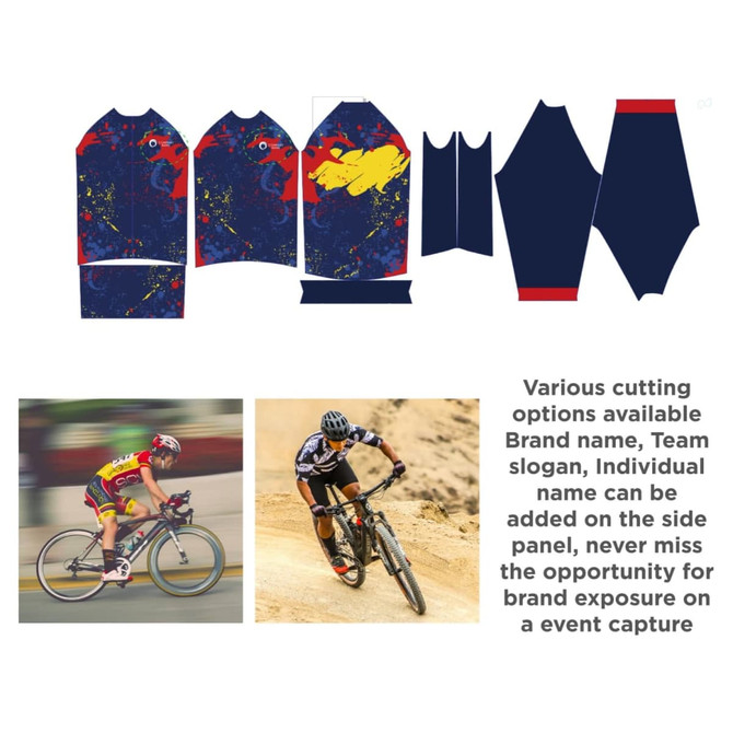 A long sleeve cycling jersey in blue and red with a design featuring a logo. Includes various cutting options.