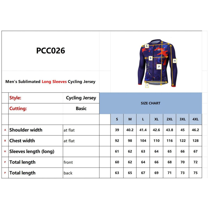 Men's long sleeve cycling jersey in blue with vibrant graphics and logo. Includes size chart and specifications.