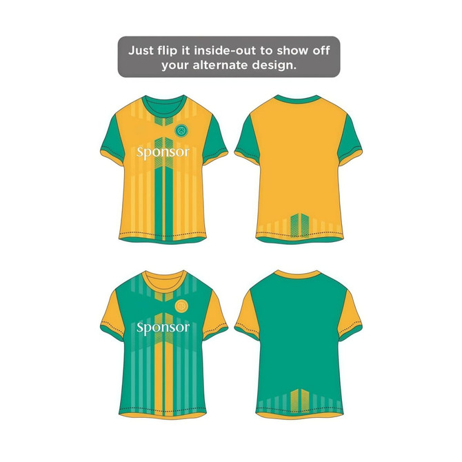 A reversible sports jersey featuring green and yellow designs, with a logo on it, shown from multiple angles.