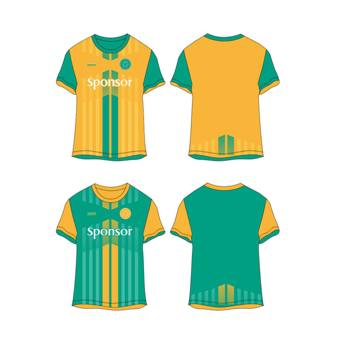 Reversible jersey in green and yellow, featuring a logo, designed for unisex adults. Shows front and back views.