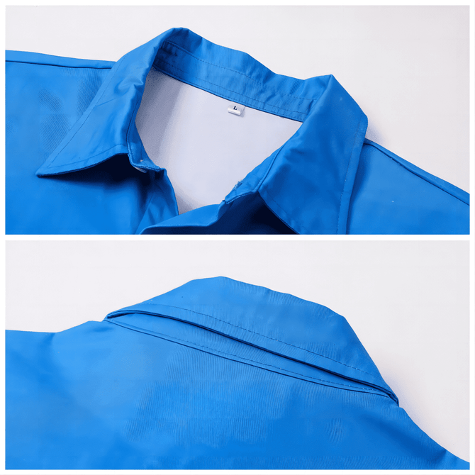 A blue button-up shirt with a collar, featuring a subtle sheen and a logo on the neckline.