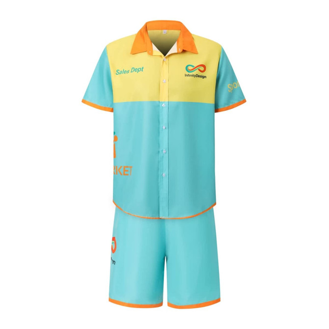 Men's polyester beach shorts in turquoise and orange, featuring a matching short-sleeve shirt and branding elements.