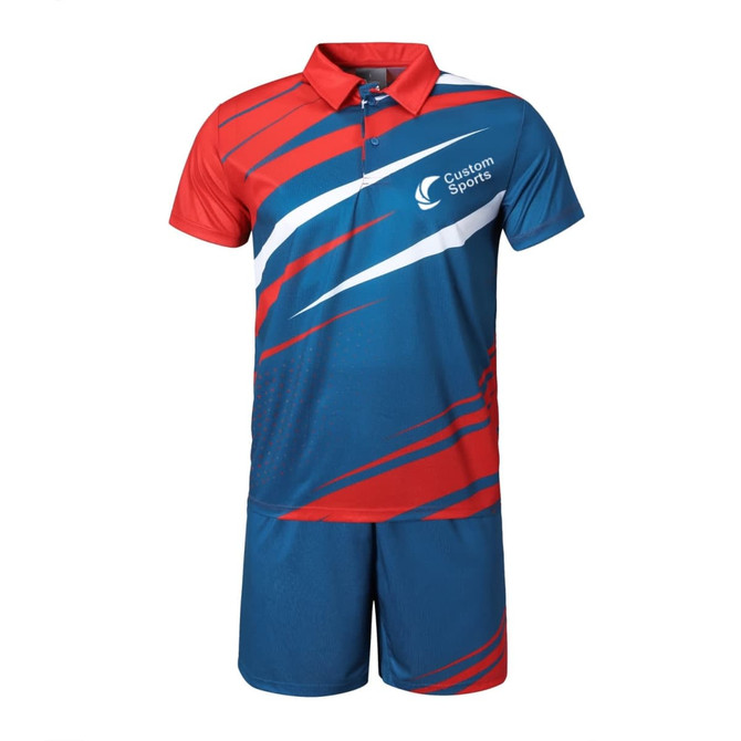 A set of unisex adult sports shorts and polo shirt in blue, red, and white, featuring a logo and dynamic design.