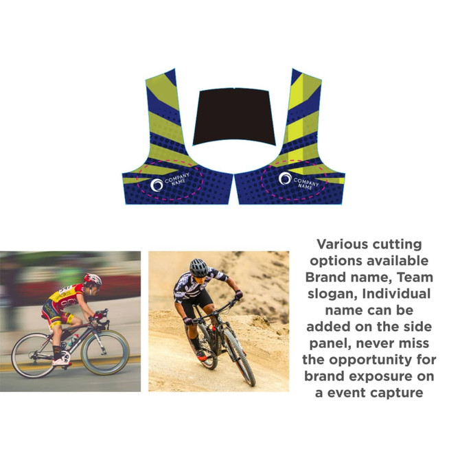 Sublimated cycling shorts in bright yellow and blue with a solid black panel. Features a logo and design elements.