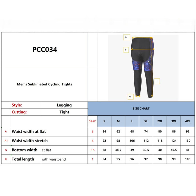 Men's sublimated cycling tights in black with a vibrant blue design, featuring a size chart and measurement details.