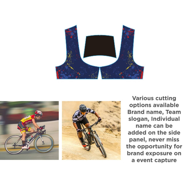 Men's sublimated cycling tights in dark blue with a patterned design. Features a logo and customizable areas for branding.