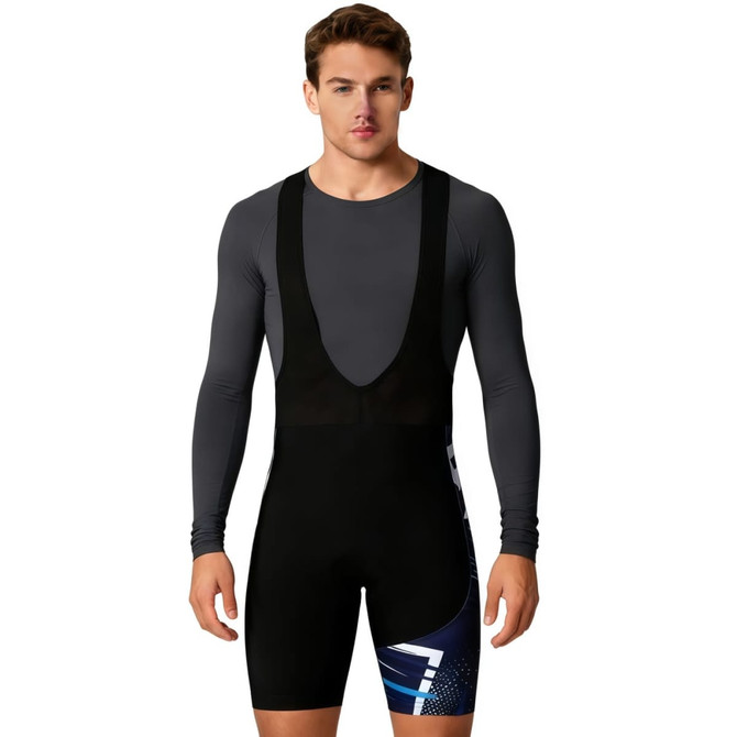 Men's sublimated cycling bib shorts in black with a blue graphic design, featuring a branding logo on the fabric.