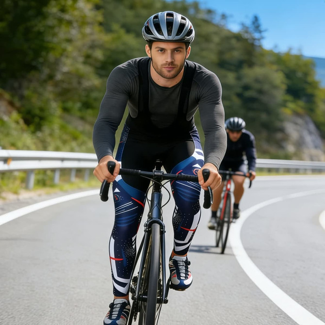 Men's sublimated cycling bib tights in navy, featuring a sporty design, worn by cyclists on a winding road.