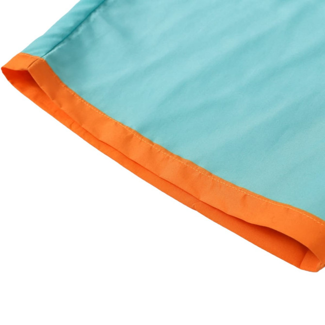 Men's beach shorts in a light blue fabric with an orange trim, featuring a branded logo.