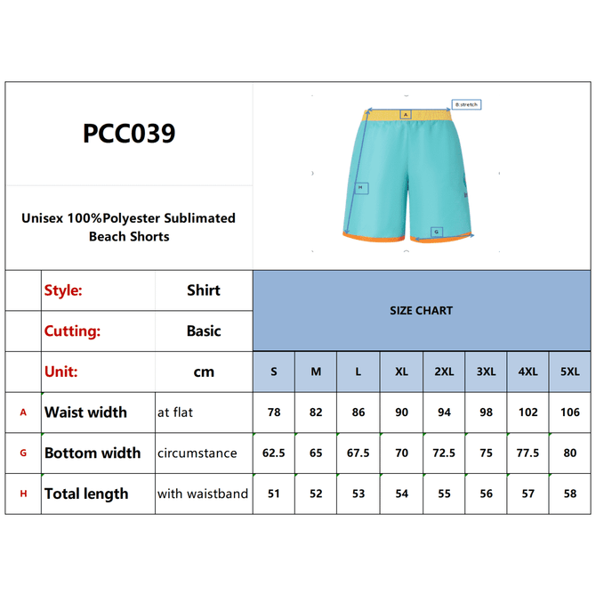 Men's polyester sublimated beach shorts in light blue with orange accents, featuring a logo.