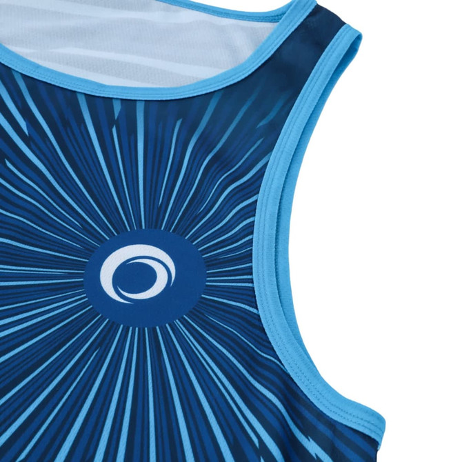 A blue and aqua singlet with a circular logo and a vibrant radial design.