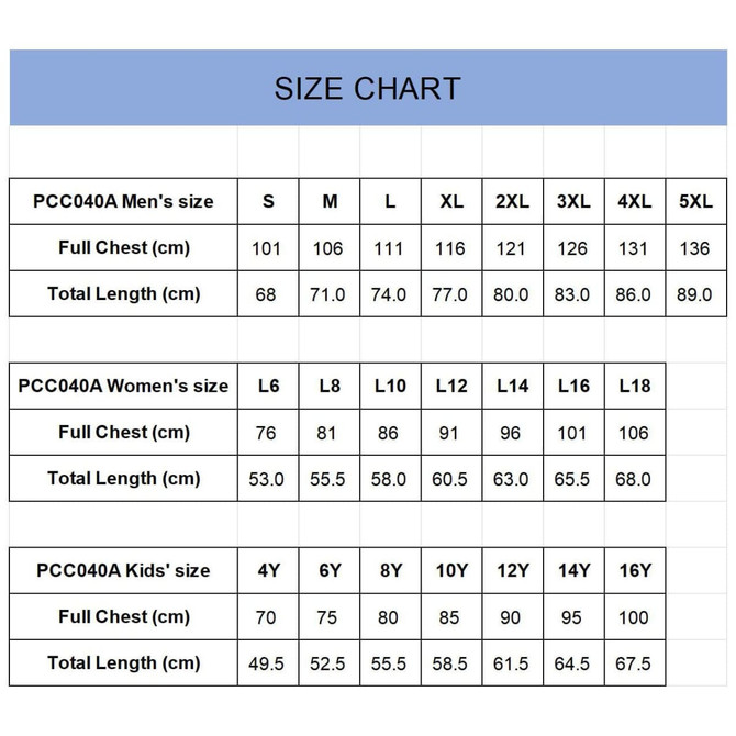 A size chart for the PCC040A singlet, featuring measurements for men's and women's sizes in centimetres.