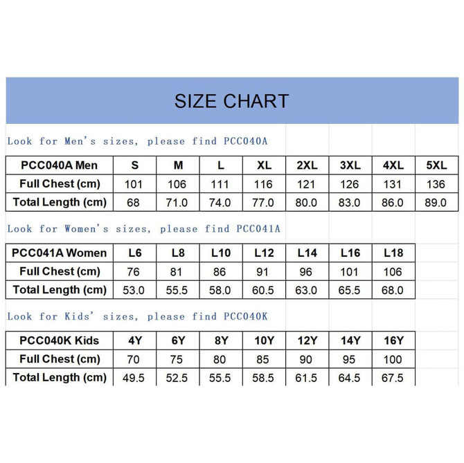 A size chart for 100% Polyester Sublimated Singlet, detailing measurements for men's, women's, and kids' sizes.