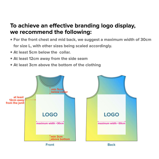 A brightly coloured sublimated singlet featuring a front and back view, includes placement guidelines for logos.