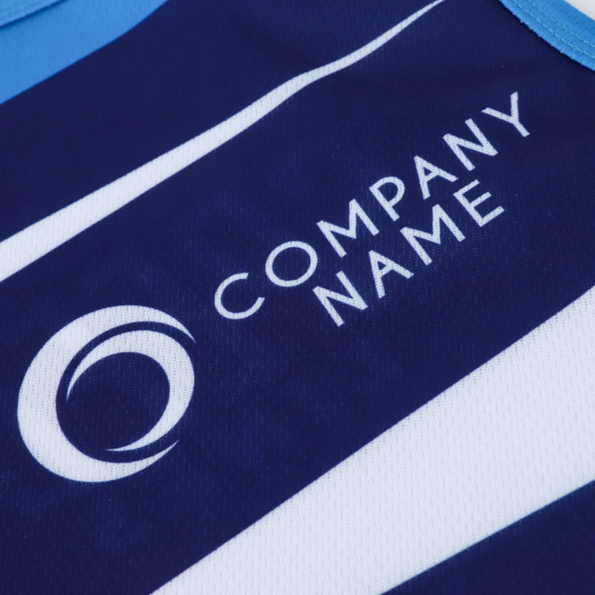 A sports singlet featuring navy and white colours, with a logo and a sublimated design.