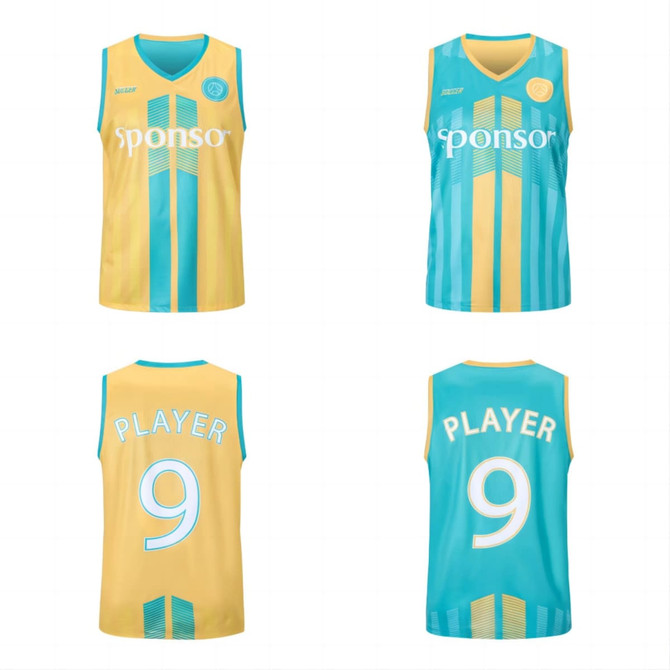A reversible basketball singlet in yellow and turquoise, featuring stripes and a logo, with numbered player options.