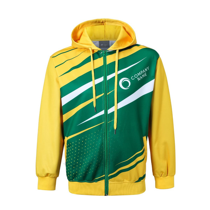 A vibrant men's track jacket featuring green and yellow colours, with a design pattern and a logo on the front.