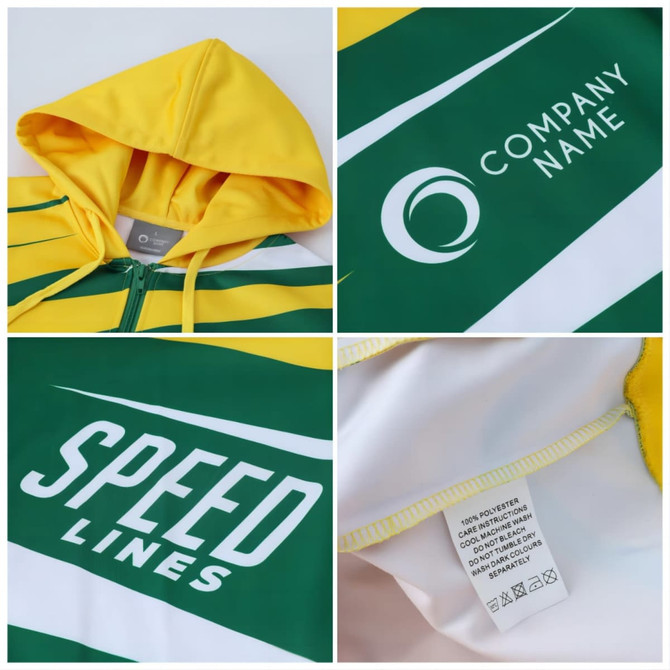 Men's polyester training track jacket featuring yellow and green stripes, with a logo and label inside.