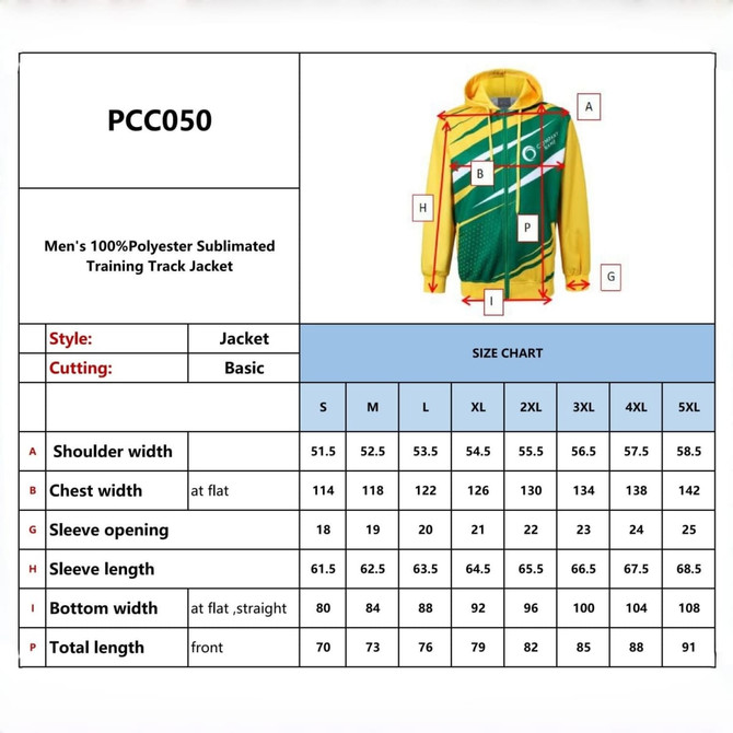 A men's polyester training track jacket in green and yellow, featuring a logo and a unique sublimated design.