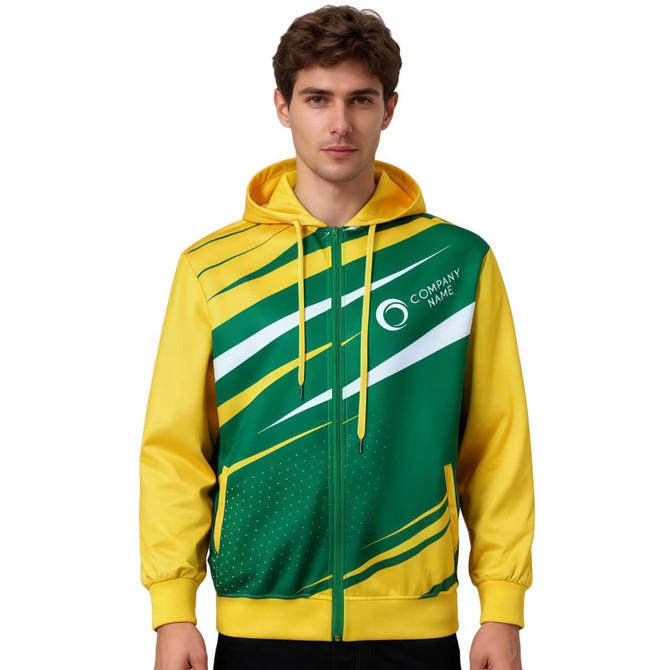 A men's track jacket in green and yellow, featuring a hoodie and a branded logo.