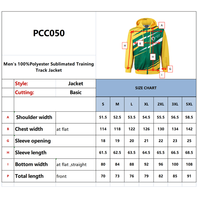 A men's polyester sublimated training track jacket in teal and yellow, featuring a logo and detailed size chart.
