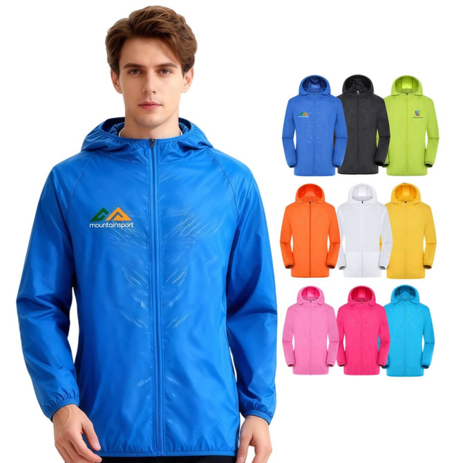 A unisex adult jacket in blue, featuring a hood and sun protection, with variations in black, green, white, yellow, and pink.