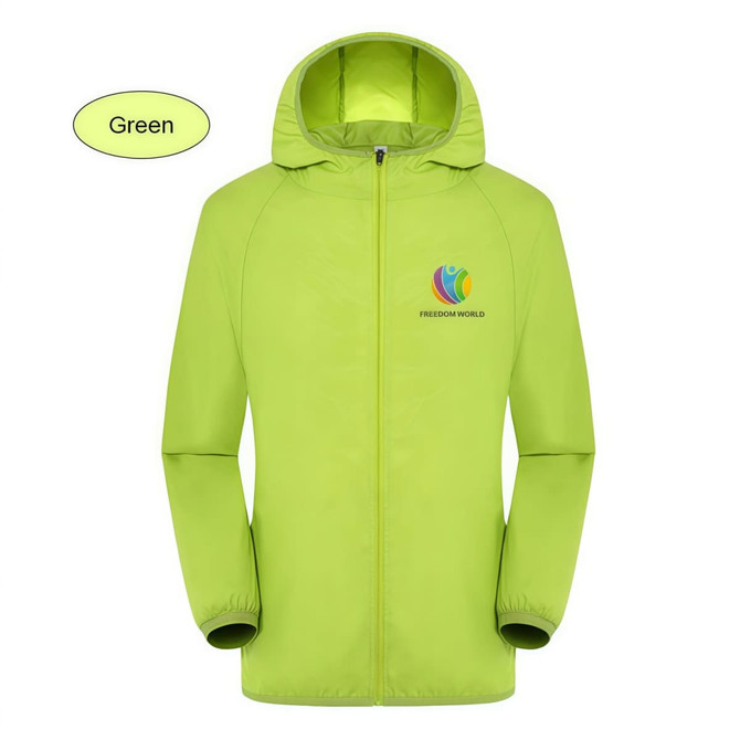 A vibrant green unisex jacket made from 100% polyester, featuring a hood and a logo on the front.