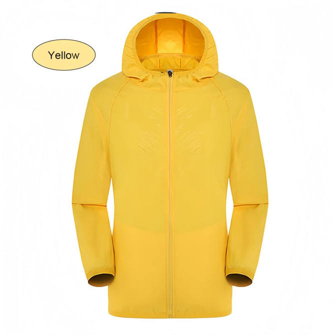 A yellow unisex jacket made from 100% polyester, featuring sun protection and a hood. Includes a logo.