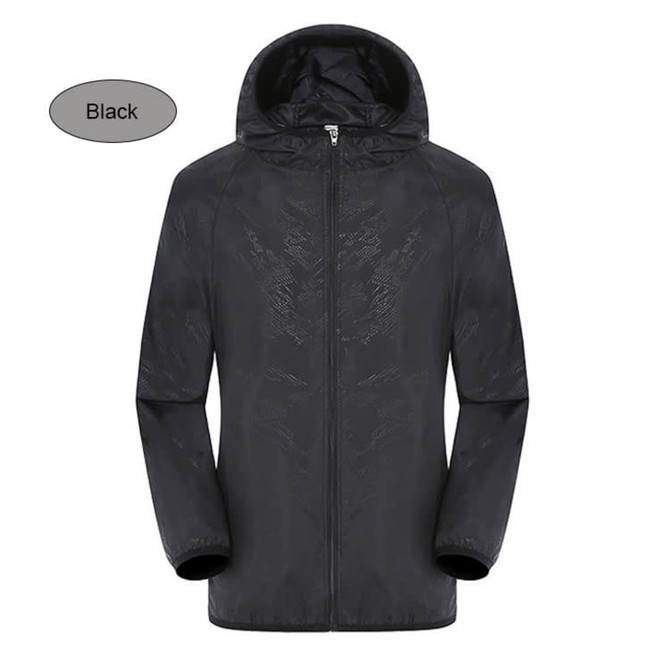 A black unisex adult jacket made of 100% polyester, featuring a hood and sun protection. It has a logo on the front.