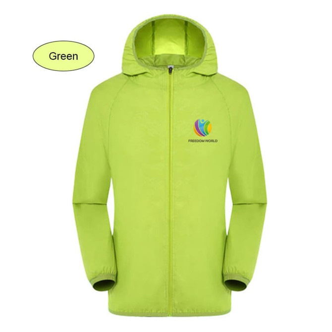 A bright green unisex adult jacket made of 100% polyester, featuring a hood and a logo.