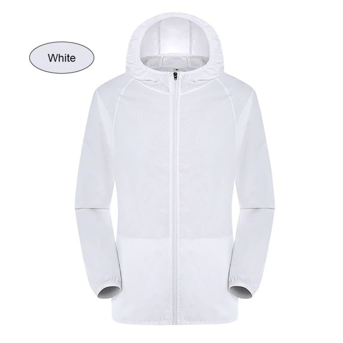 A white unisex adult jacket made of 100% polyester, featuring a hood and sun protection. It has a logo.