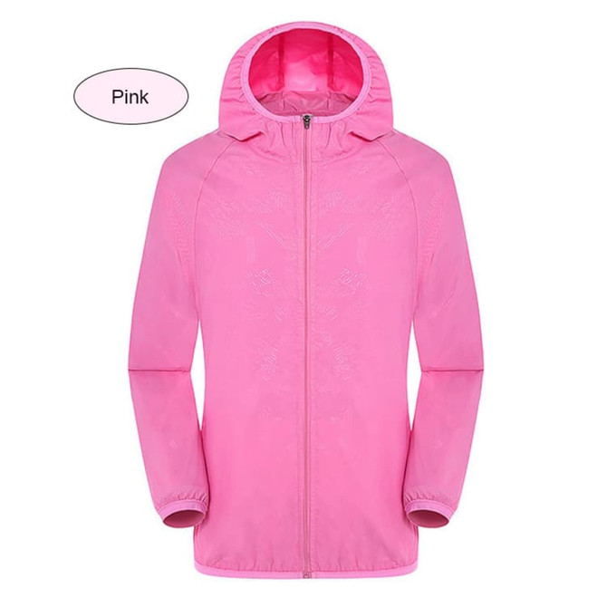 A pink unisex adult jacket made of 100% polyester, featuring sun protection and a hood, with a logo present.