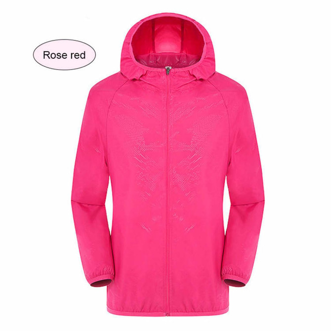 A rose red unisex adult jacket made of 100% polyester, featuring a hood and sun protection. It has a logo.