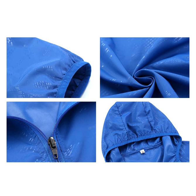 A blue unisex adult polyester jacket featuring a hood, sun protection, and a zipper detail. The fabric has a subtle pattern and a logo.