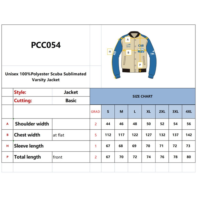 A unisex varsity jacket featuring a beige and blue design, with a logo and size chart included.