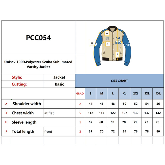 Unisex varsity jacket in blue and cream, featuring a logo, with detailed size specifications.