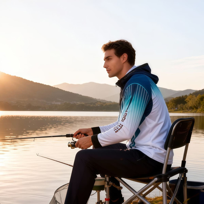 A man wearing a blue and white polyester fishing hooded jacket sits by a lake, fishing at sunset.