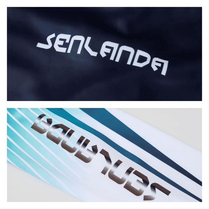 Two fabric panels featuring stylised text designs in white and shades of teal and blue.