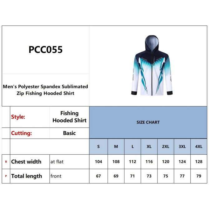 A men's hooded fishing jacket in blue and white, made of 100% polyester with a logo.