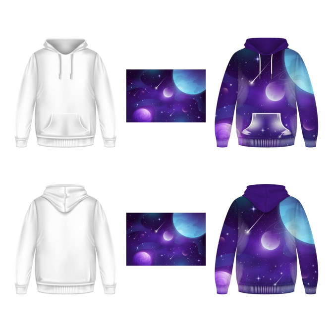 A polyester spandex hoodie featuring a cosmic design with purple and blue hues, complete with a front pocket and hood.
