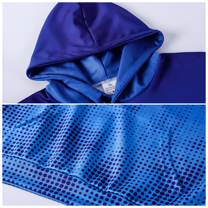 A unisex adult hoodie in shades of purple and blue featuring a dotted pattern and a hood. It has a logo.
