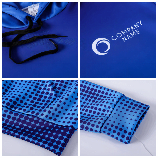 A blue unisex polyester spandex hoodie featuring a patterned design and a logo on the back.