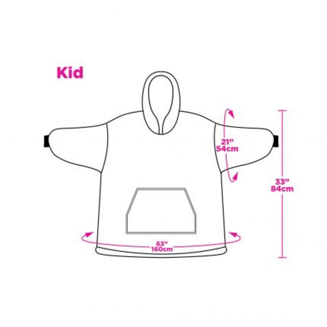 A kids' wearable blanket illustration in white, featuring a hoodie, pocket, and measurements for size.