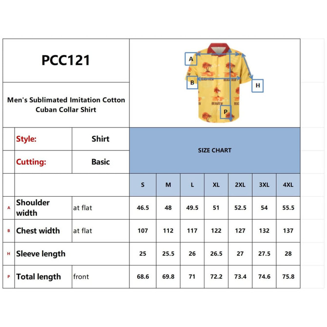 A yellow Cuban collar shirt featuring a playful pattern, with various sizes and a logo present.