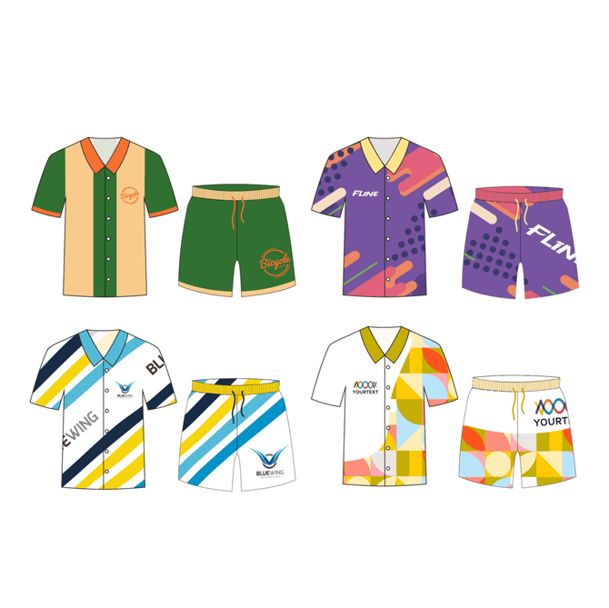 Eight button-up shirts featuring various vibrant colours and patterns, accompanied by matching shorts. Some items have logos.
