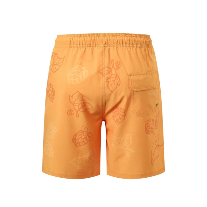 Men's orange polyester spandex sublimated swim shorts with a floral pattern and a back pocket. Features a logo.
